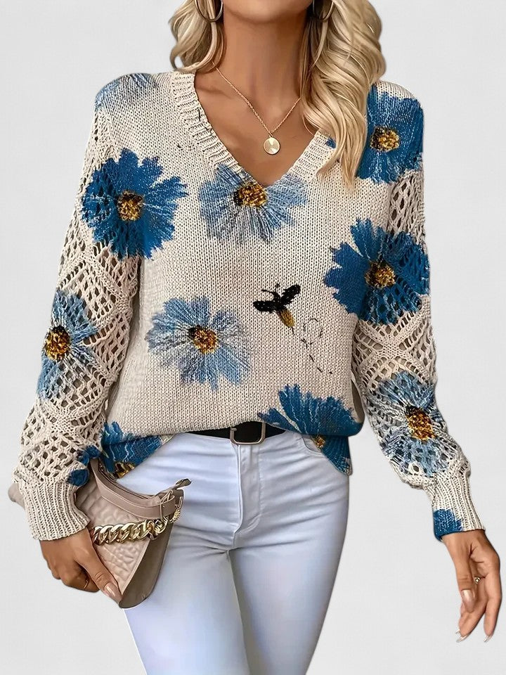 Auréley Dames Trui | Luchtig Gebreid met Bloemen, V-Hals, Comfortabel