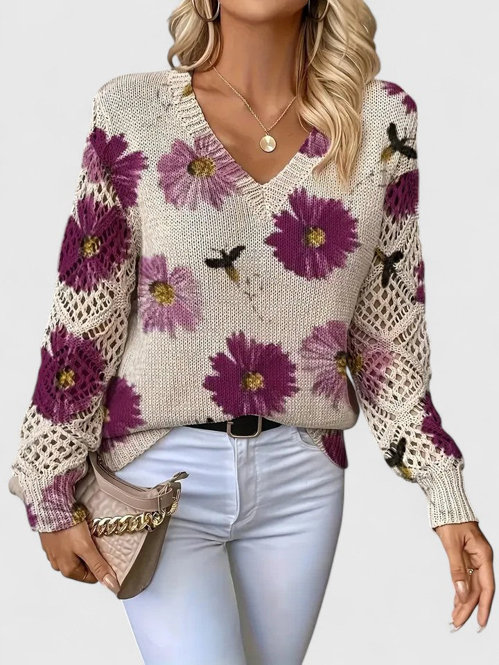 Auréley Dames Trui | Luchtig Gebreid met Bloemen, V-Hals, Comfortabel 1