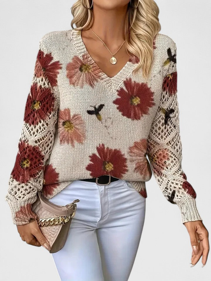 Auréley Dames Trui | Luchtig Gebreid met Bloemen, V-Hals, Comfortabel 3