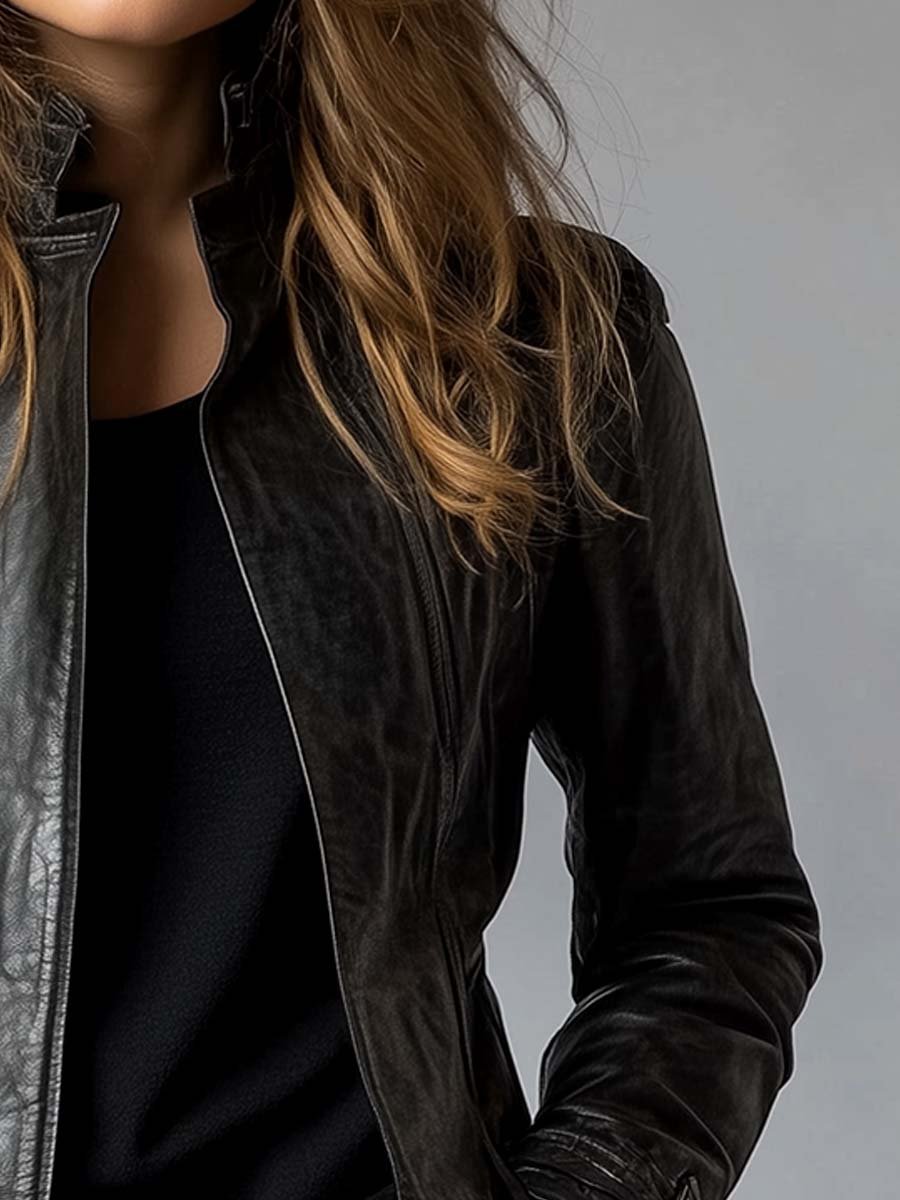 Daisy Dames Jas | Leren Look, Vintage Standkraag, Elegant 2