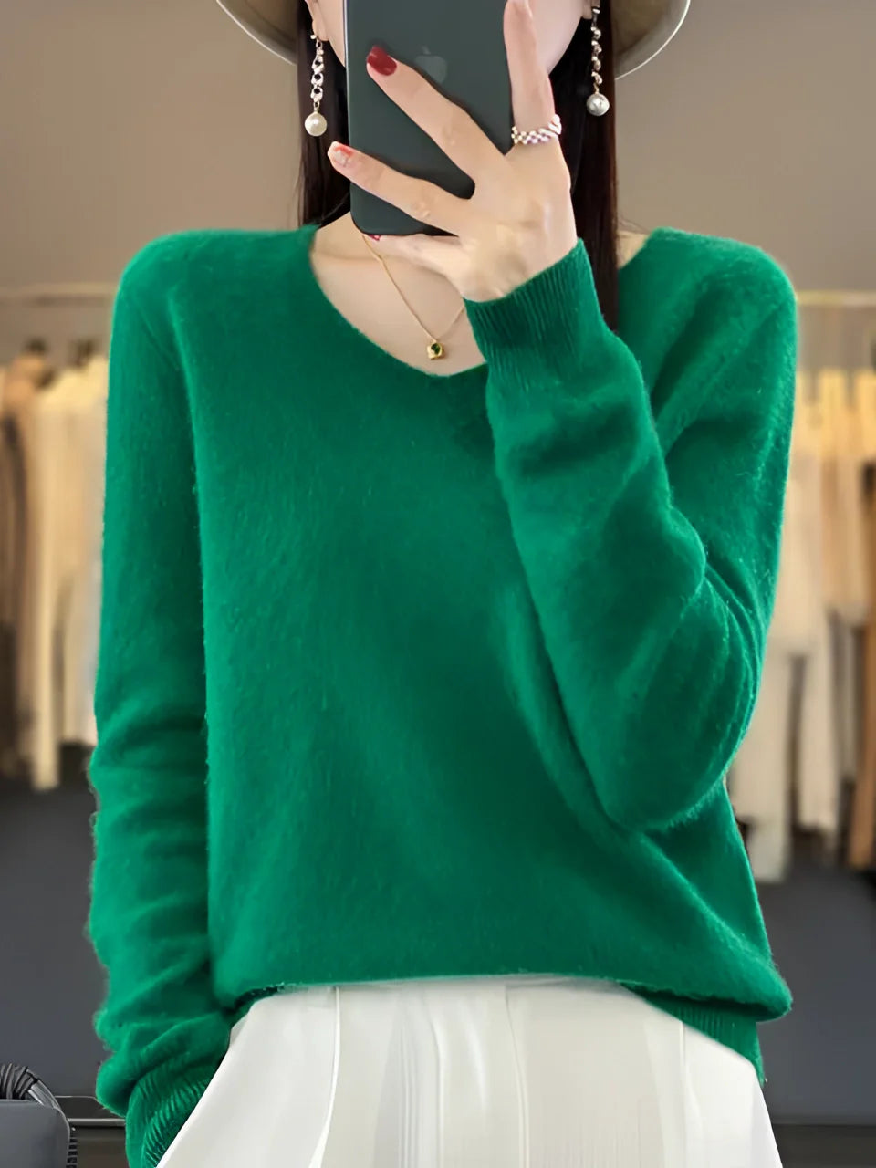 Selina Dames Kasjmiertrui | Luxe Smaragdgroen V-Hals