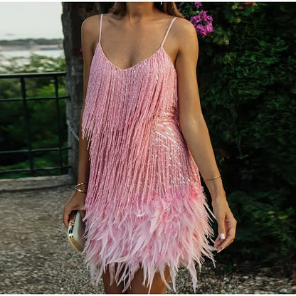 Aria Pailletten Mini Jurk Met Verenafwerking Voor Dames